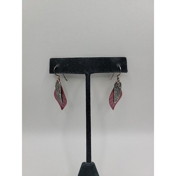 New Jody Coyote Silverworks Pink Silver Leaf Dangle Earrings Pierced Artisan - Picture 5 of 11
